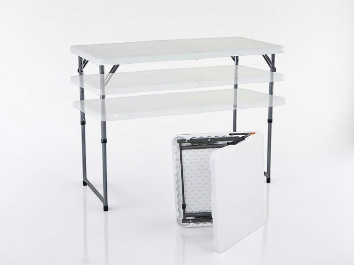 4 Foot Adjustable Height Folding Half Table White Plastic Top Steel Frame U5432