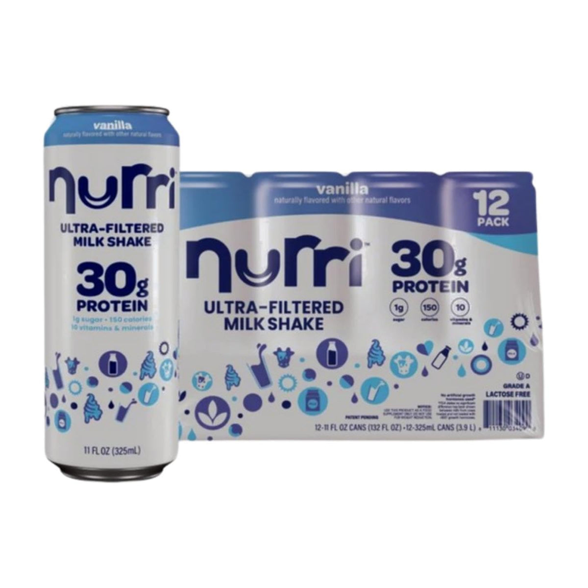 12 Pack Vanilla Milk Shake 30g Protein 1g Sugar Lactose-Free Z313804