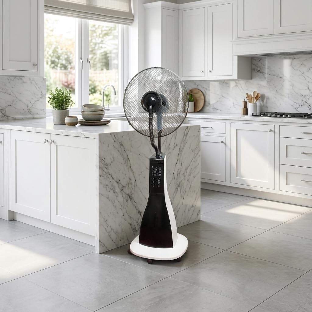 47" Misting Oscillating Pedestal Fan with Water Tank, Remote, Timer, 3 Speeds, Black White X616
