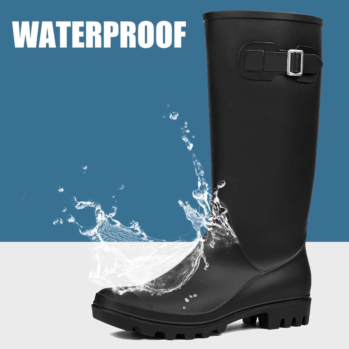 Women's Tall Waterproof Rubber Wide Calf Rain Boots Q402117