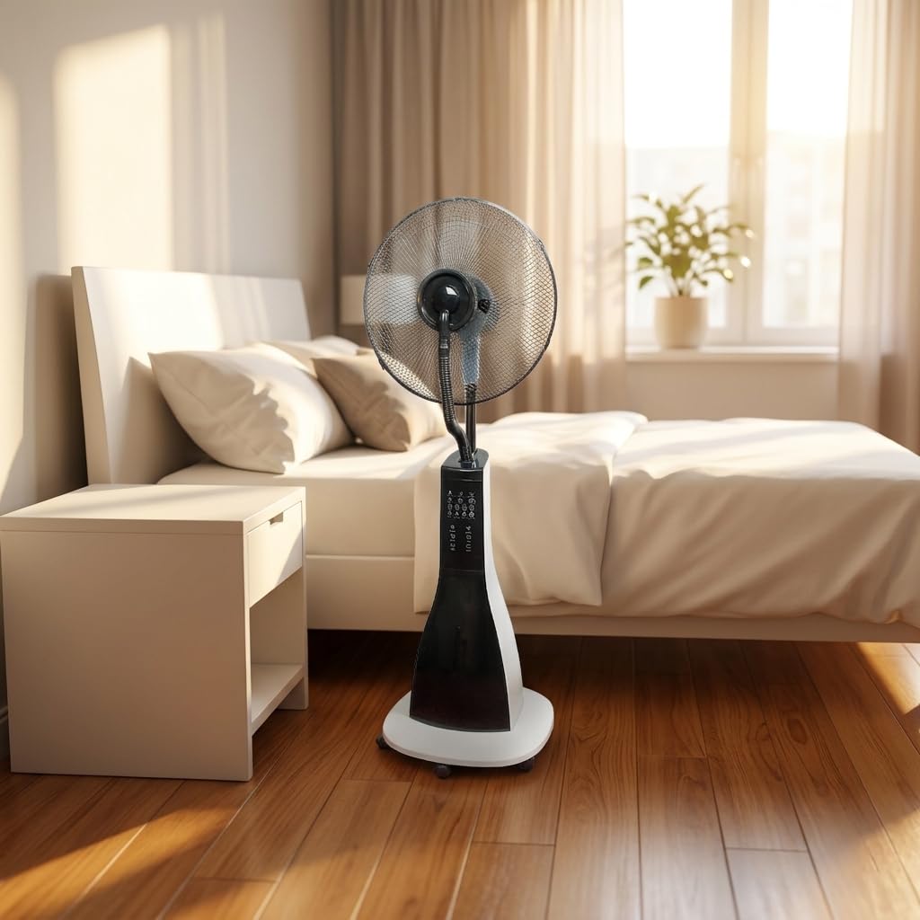 47" Misting Oscillating Pedestal Fan with Water Tank, Remote, Timer, 3 Speeds, Black White X616