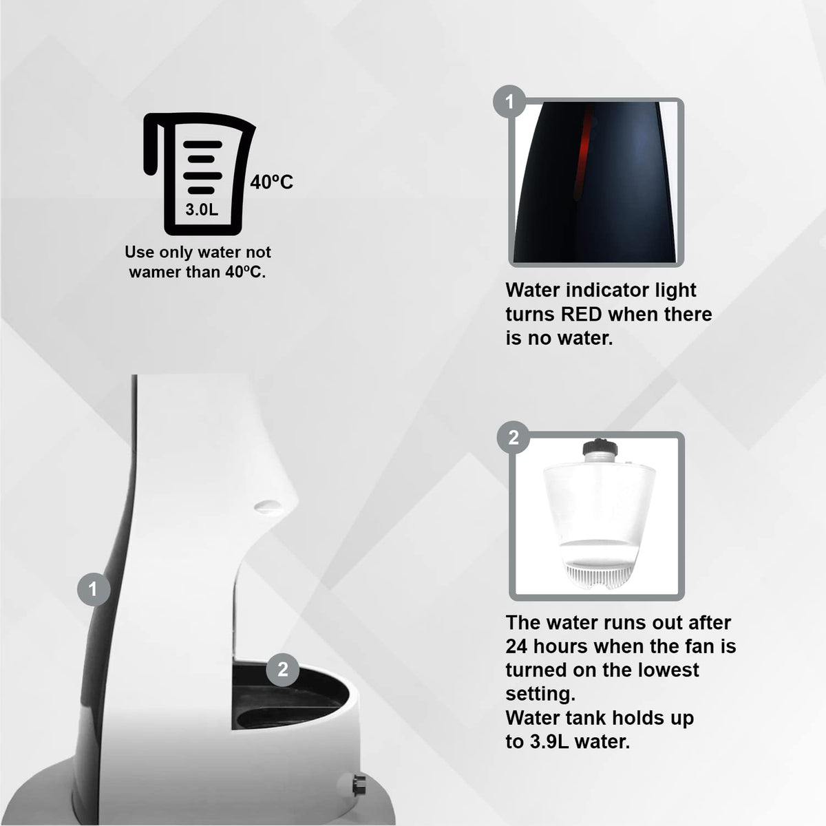 47" Misting Oscillating Pedestal Fan with Water Tank, Remote, Timer, 3 Speeds, Black White X616