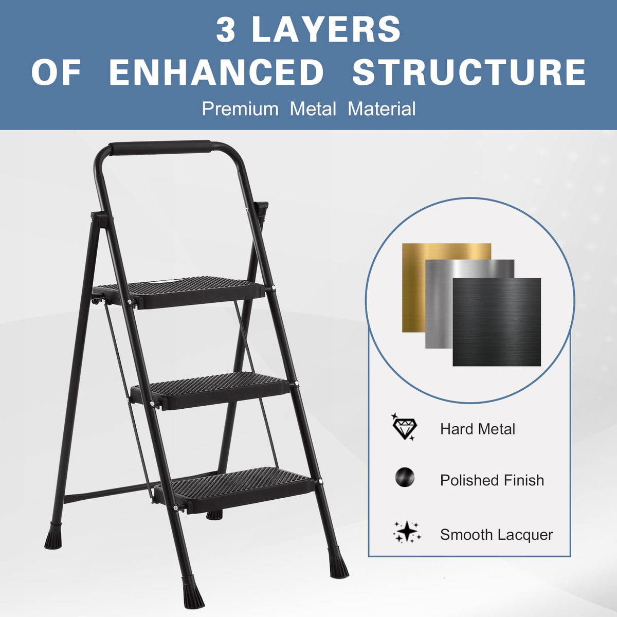 Foldable 3 Step Stool Ladder 300 Lb Weight Limit Steel W1664