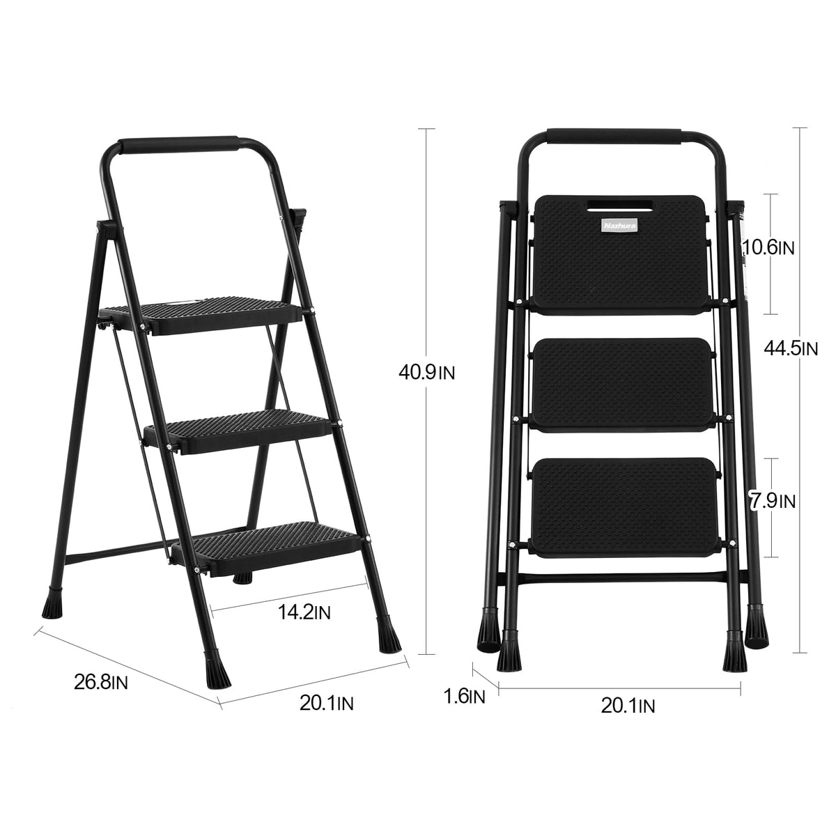 Foldable 3 Step Stool Ladder 300 Lb Weight Limit Steel W1664
