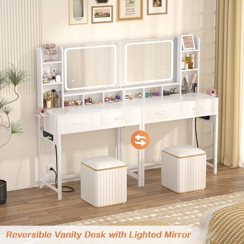 White Vanity Desk with Mirror and Drawers H44283