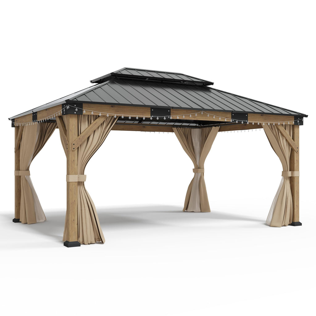 12x14FT Hardtop Gazebo with Double Roof, Privacy Curtain & Netting R7185