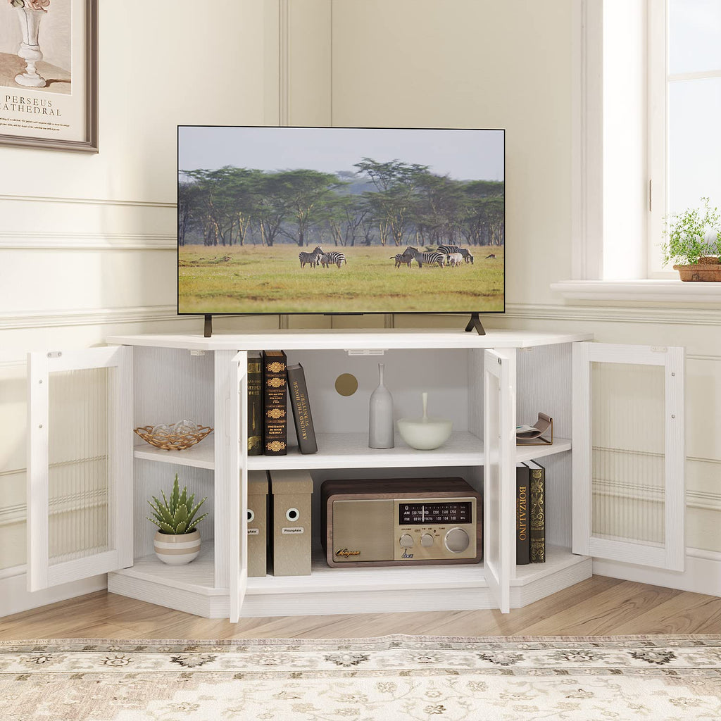White 47 Inch Corner TV Stand with 4 Doors and Shelves F7180