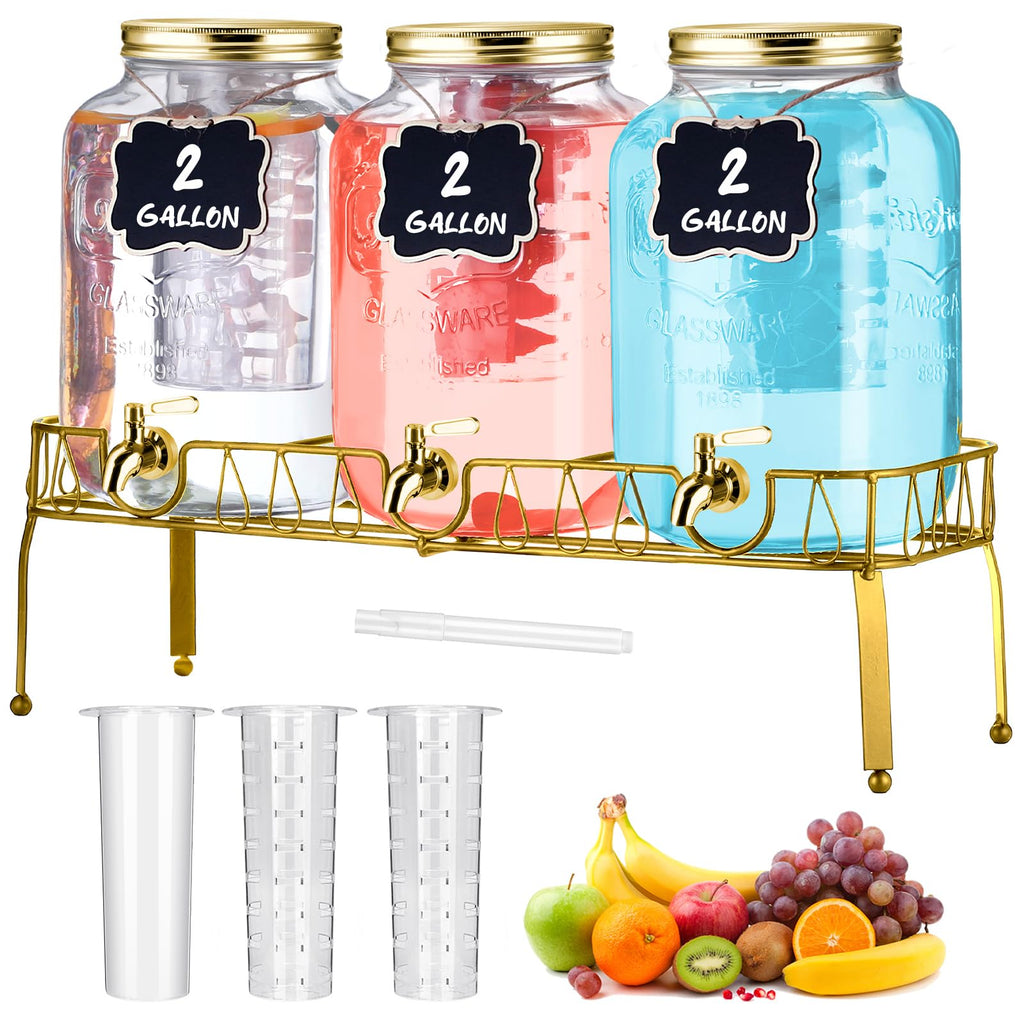 3 Pcs 2 Gallon Glass Drink Dispenser with Stand and Lid Q752