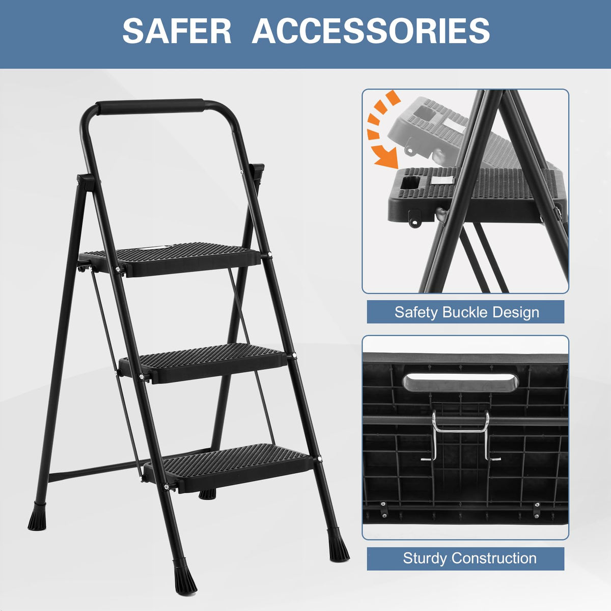 Foldable 3 Step Stool Ladder 300 Lb Weight Limit Steel W1664