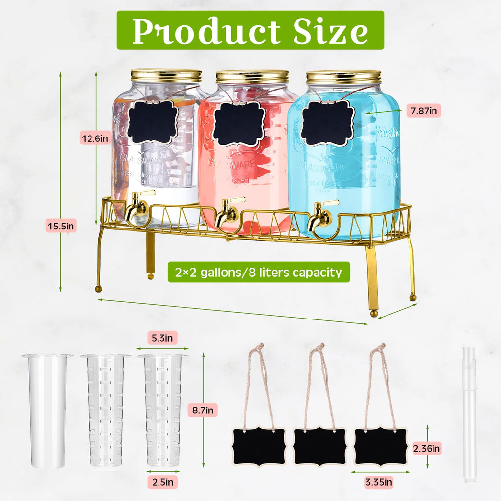 3 Pcs 2 Gallon Glass Drink Dispenser with Stand and Lid Q752