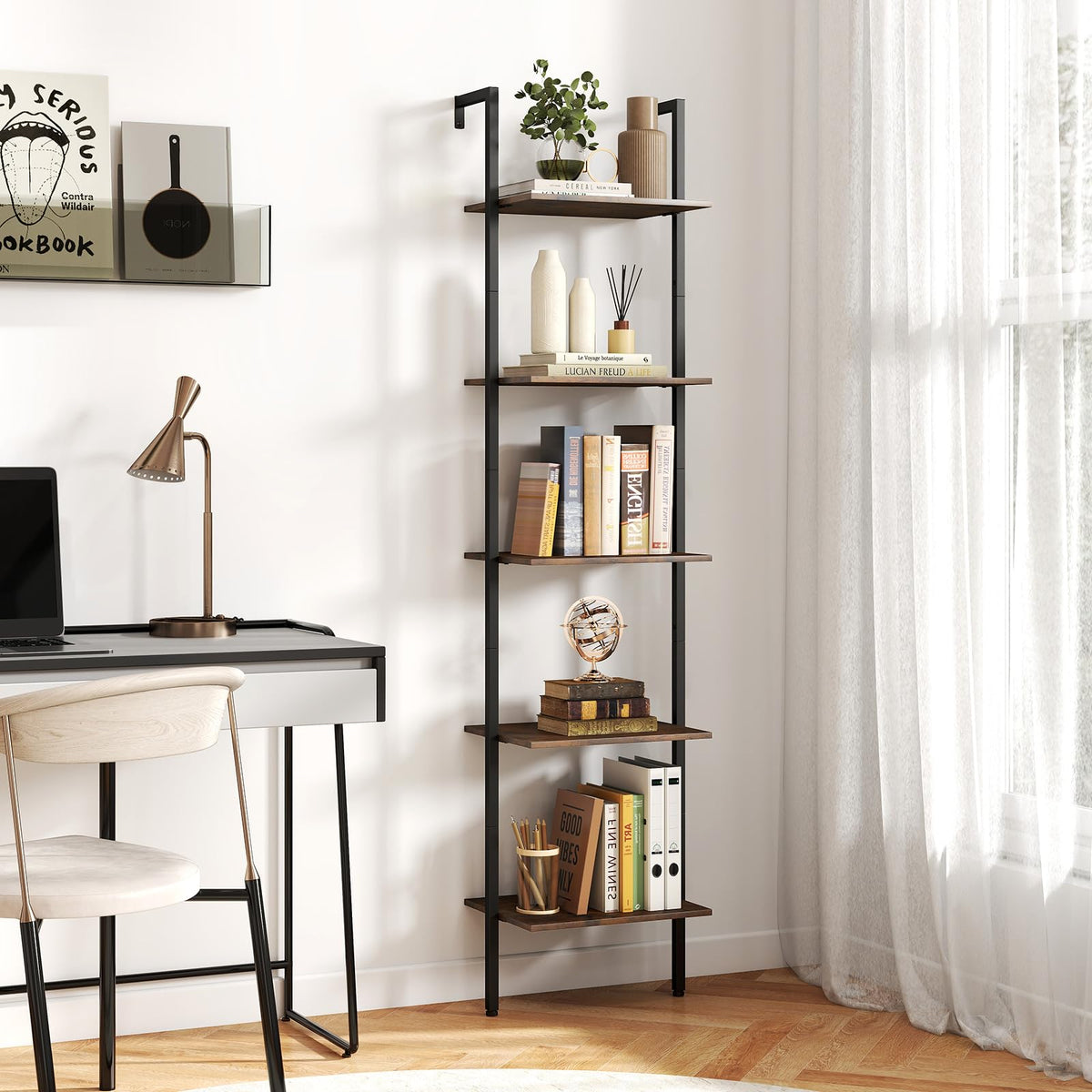 5 Tier Wall Mount Ladder Shelf with Metal Frame Y562