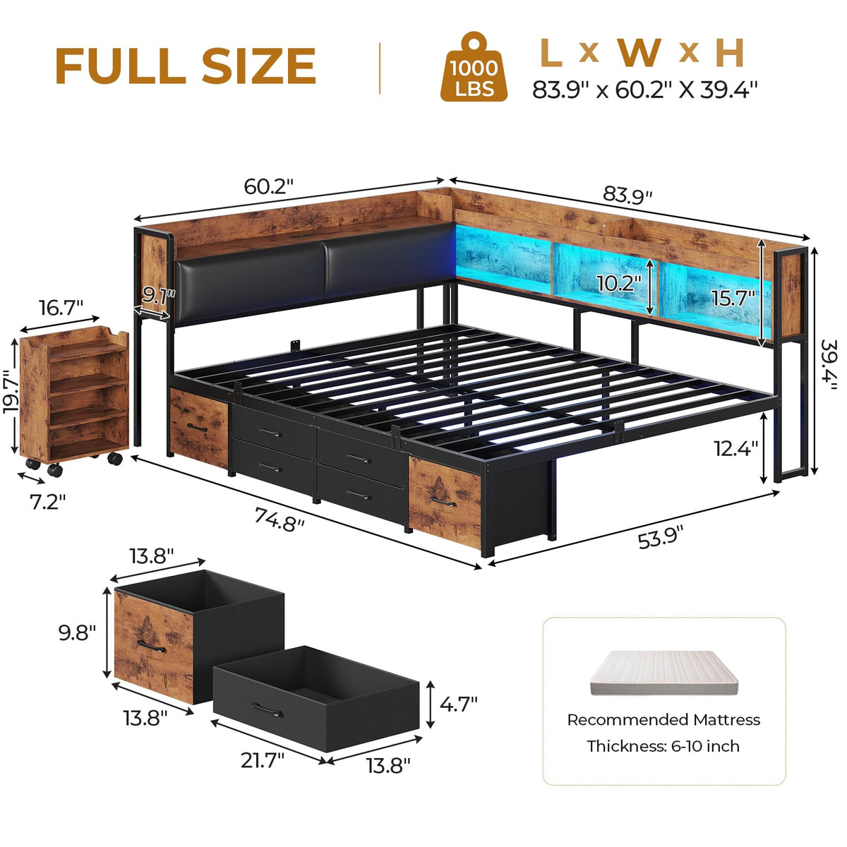 14 Inch Full Size Metal Platform Bed with 6 Drawers W672147