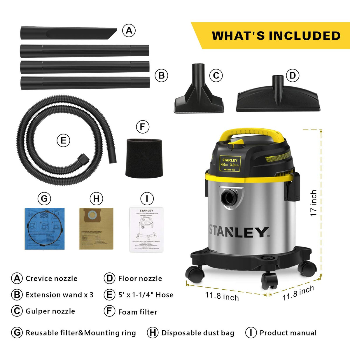 3 Gallon Stainless Steel Wet Dry Shop Vacuum M879