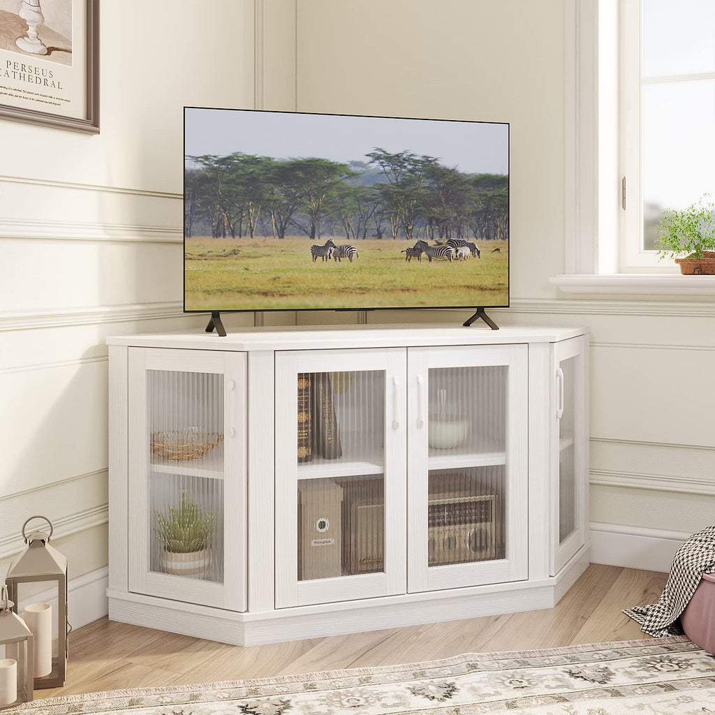 White 47 Inch Corner TV Stand with 4 Doors and Shelves F7180
