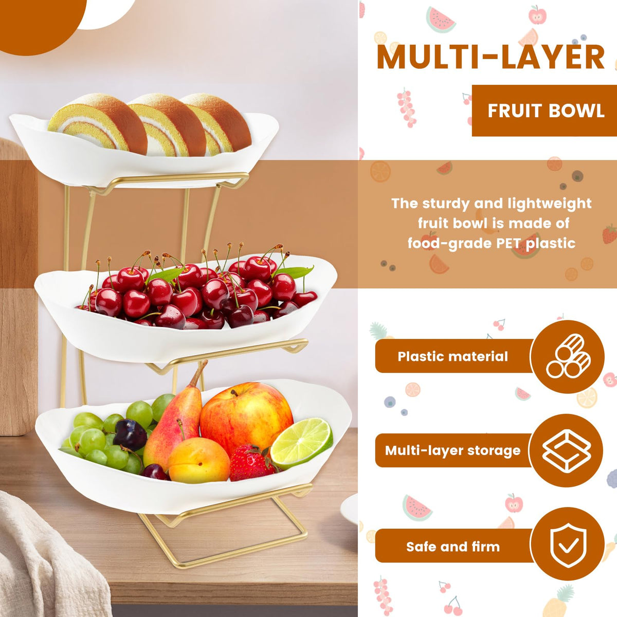 3 Tier Fruit Basket with Gold Metal Stand U780