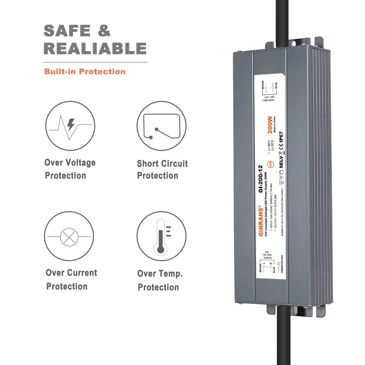200W IP67 Waterproof Constant Voltage LED Driver Power Supply Transformer B7279