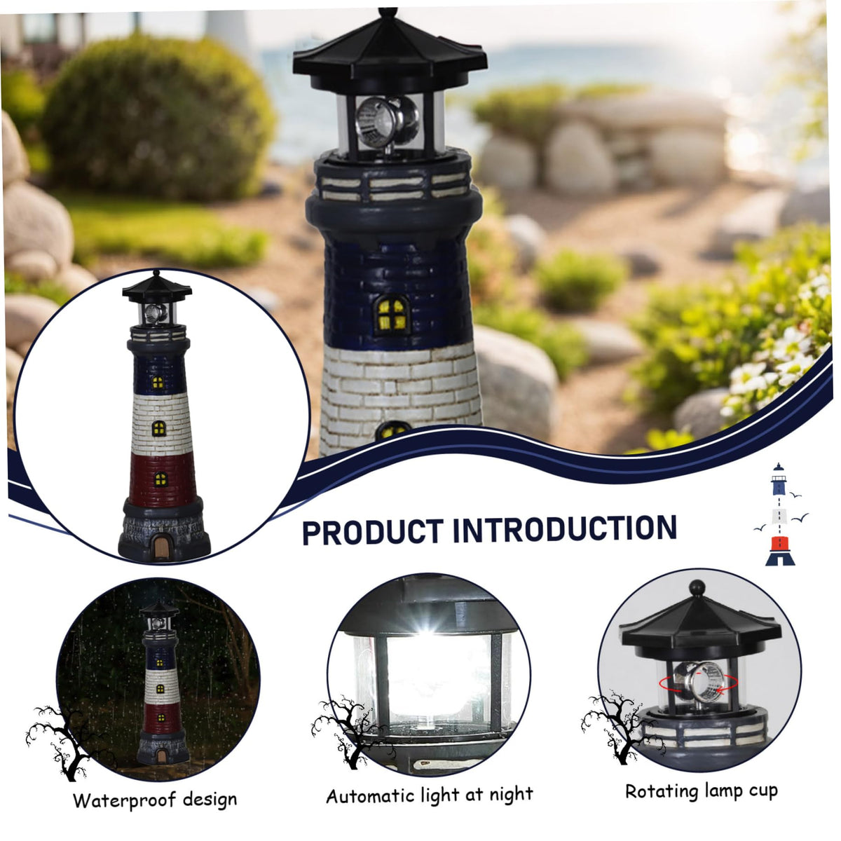 15" Tall Waterproof Resin Lighthouse Lamp with 360° Rotating LED C9504