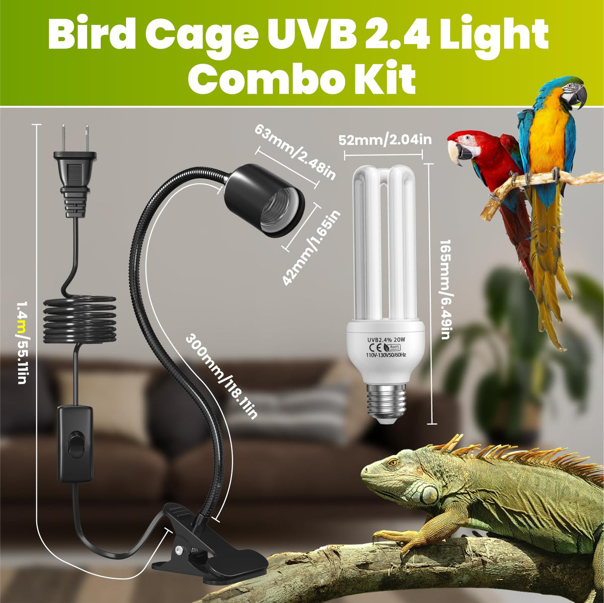 Bird Cage Lighting Combo Kit, Clip Lamp with UVB 2.4 20W Compact Fluorescent Bulb H827