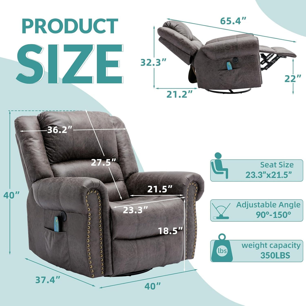 Oversized Swivel Rocker Recliner Chair with Heat and Massage Z88343