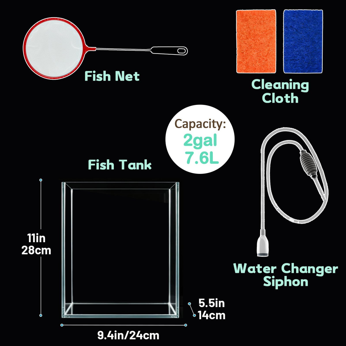 2 Gallon Glass Fish Tank Starter Kit with Fish Net E123