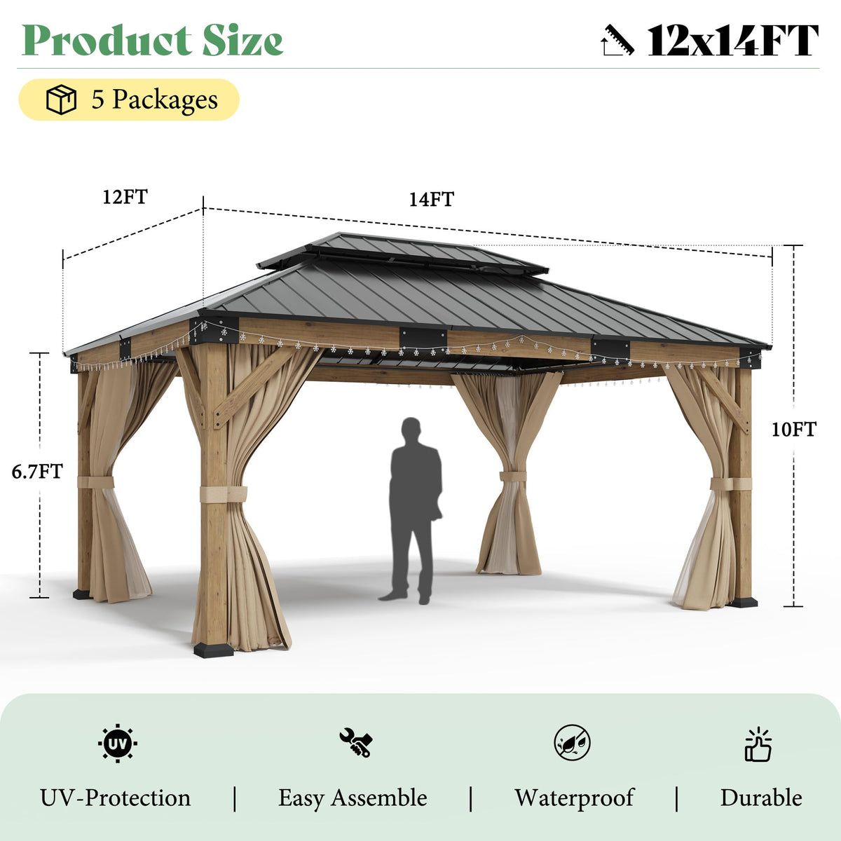 12x14FT Hardtop Gazebo with Double Roof, Privacy Curtain & Netting R7185