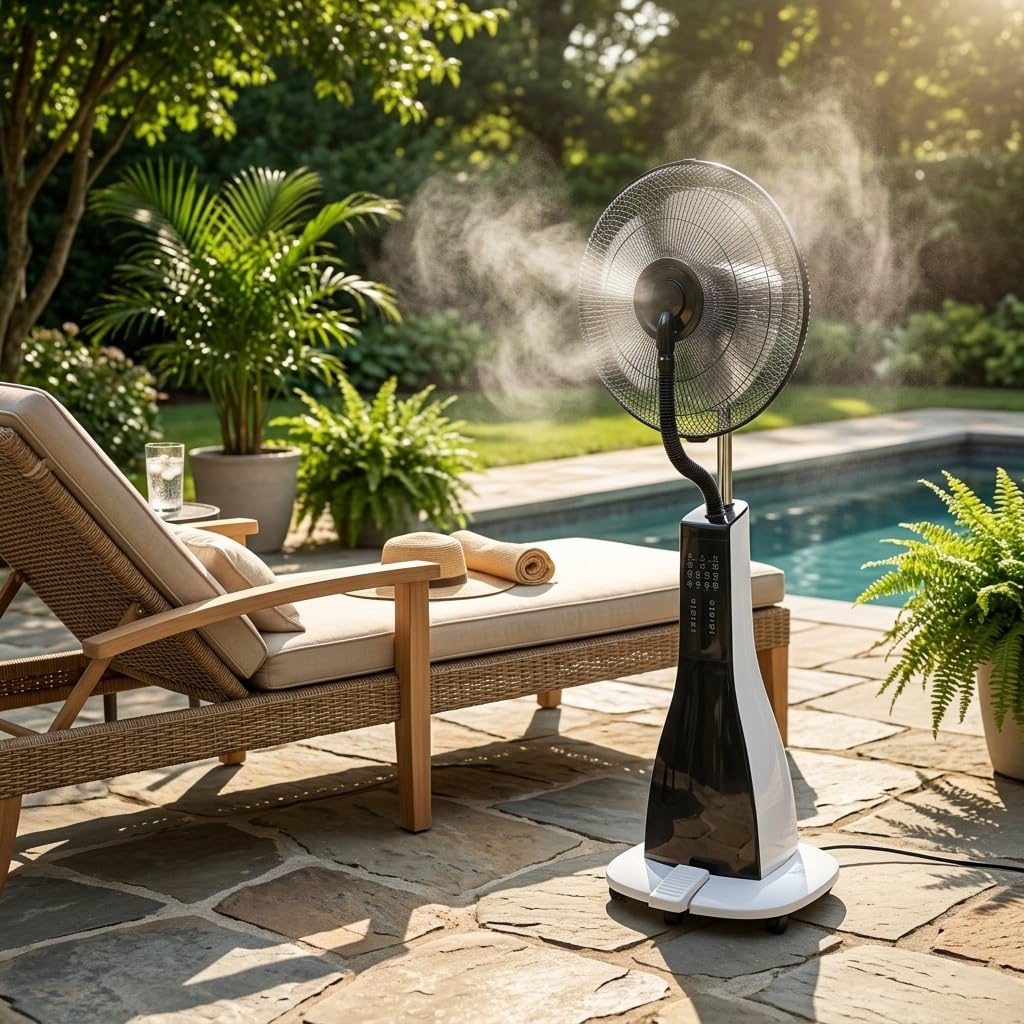 47" Misting Oscillating Pedestal Fan with Water Tank, Remote, Timer, 3 Speeds, Black White X616