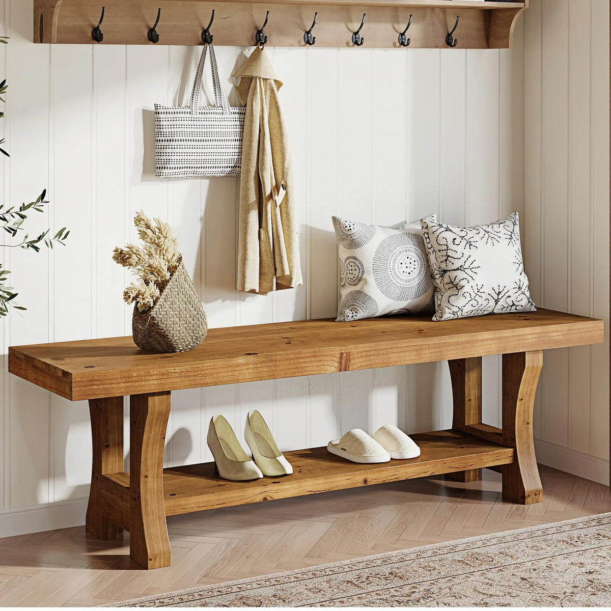 Brown Solid Wood Entryway Bench J2337