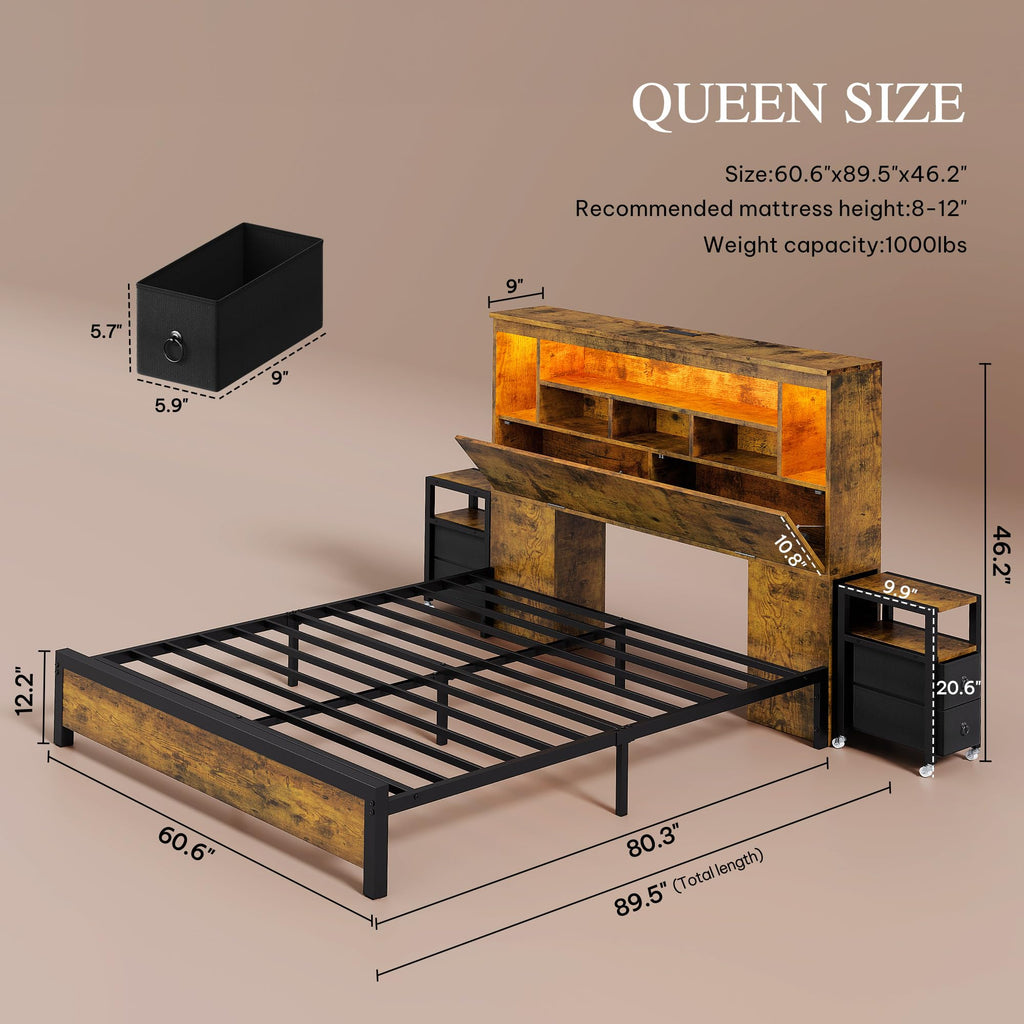 Queen Size Bed Frame with Storage Bookcase Headboard L1359