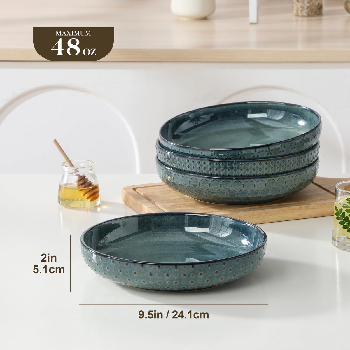 48 Oz 9.5 Inch Ceramic Pasta Bowls Set of 4 Green A356679