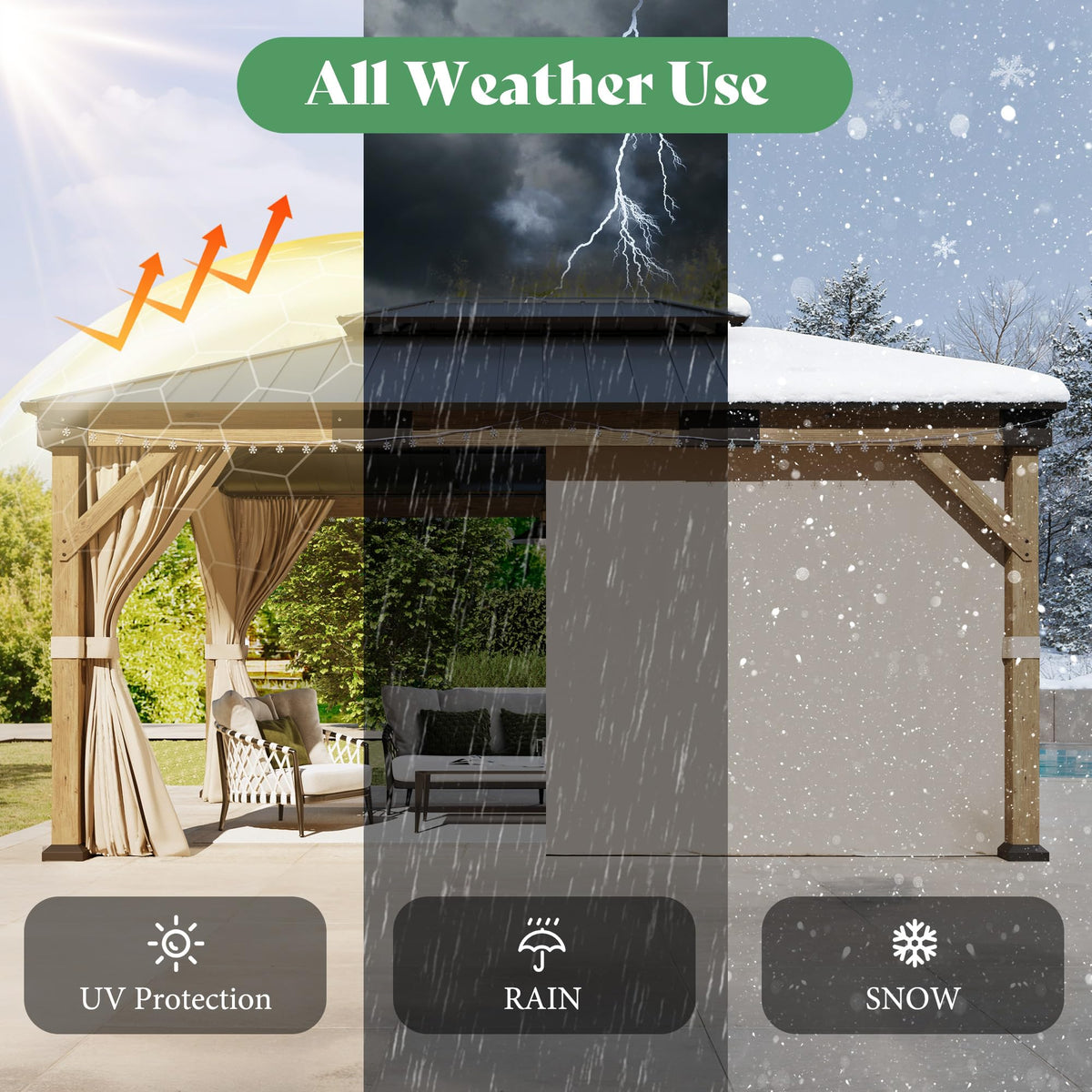 12x14FT Hardtop Gazebo with Double Roof, Privacy Curtain & Netting R7185