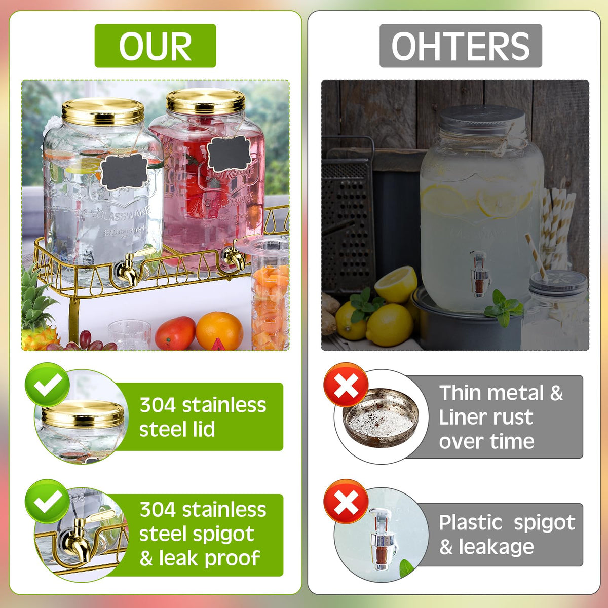 3 Pcs 2 Gallon Glass Drink Dispenser with Stand and Lid Q752