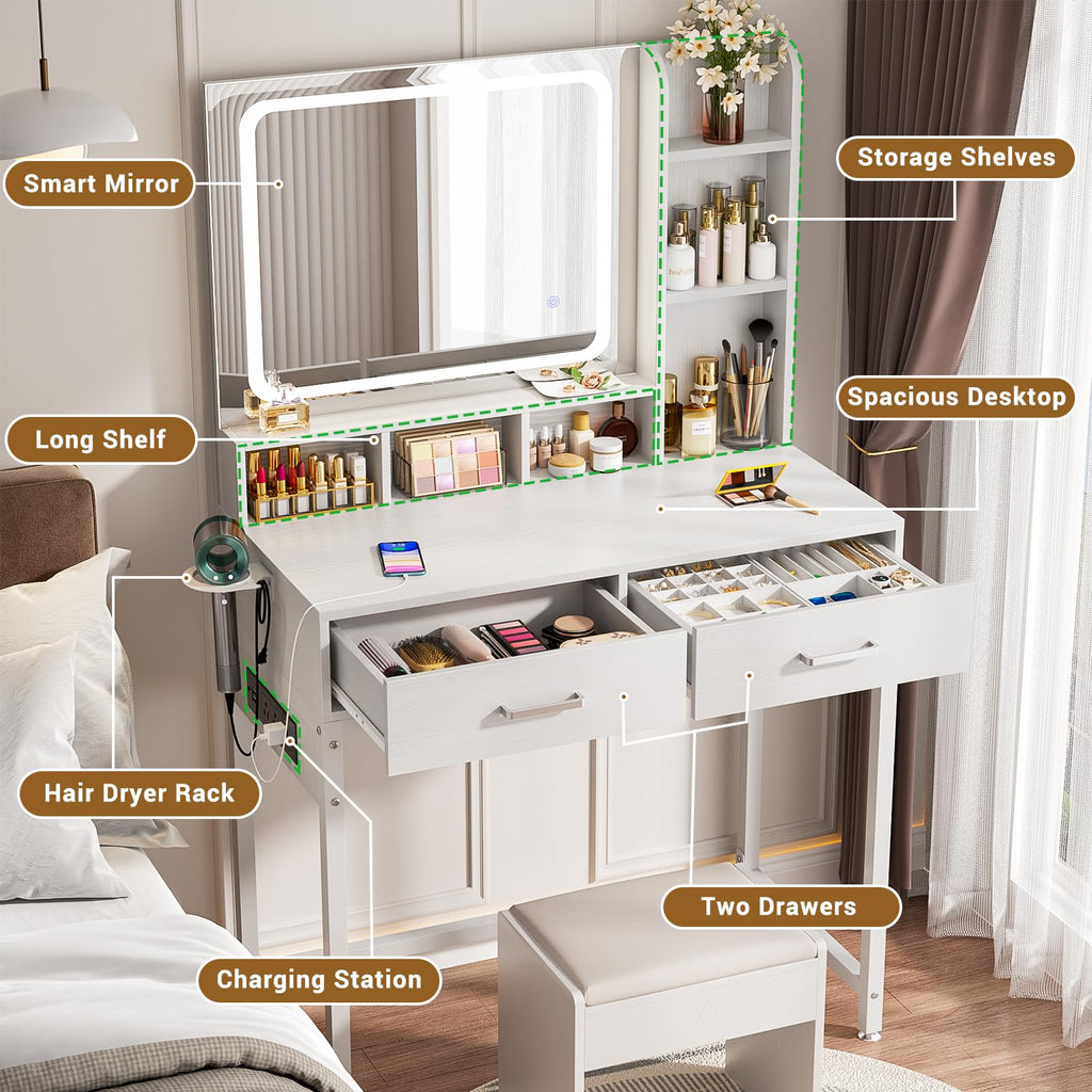 White Vanity Desk with Mirror and Drawers H44283
