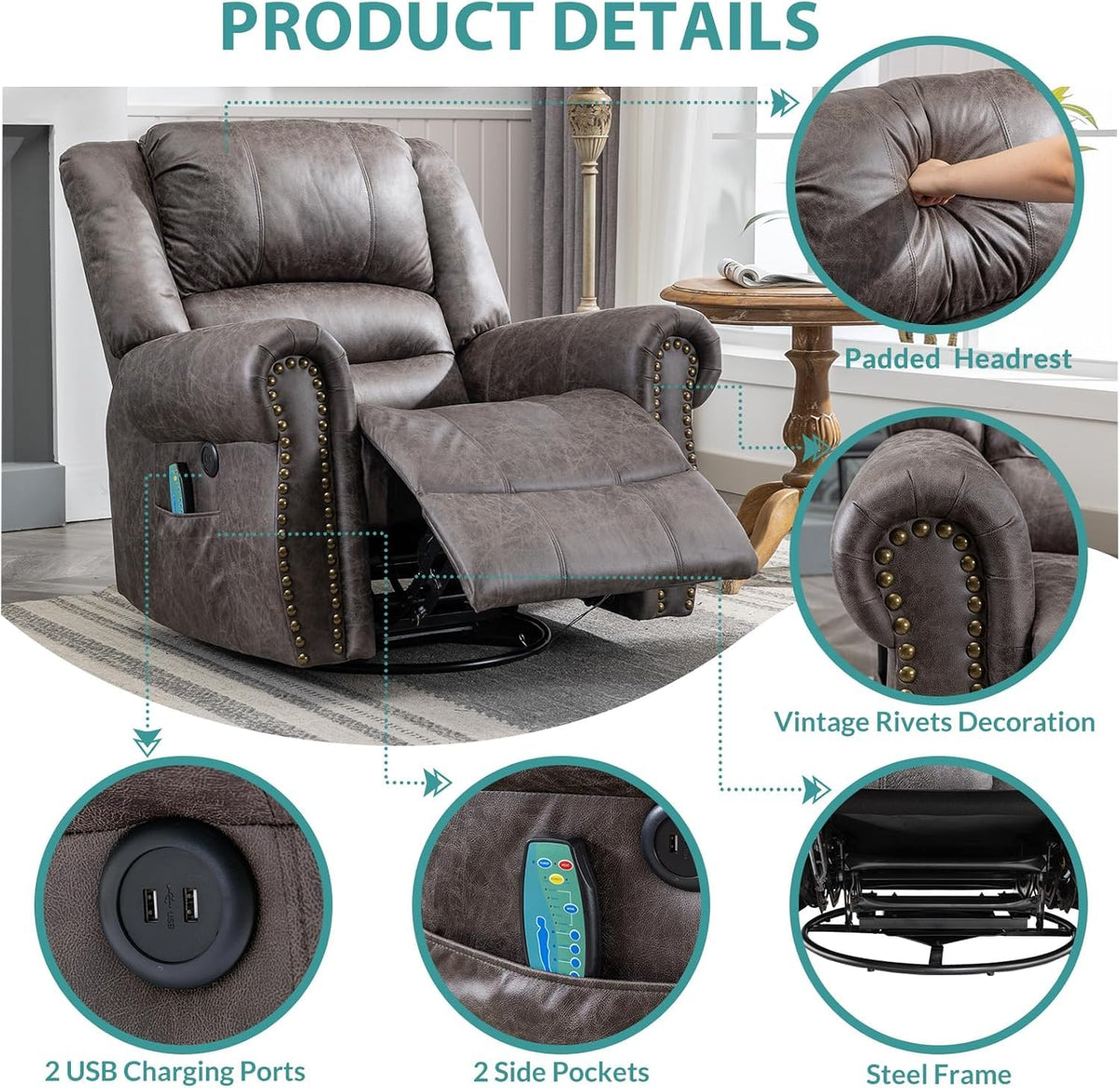 Oversized Swivel Rocker Recliner Chair with Heat and Massage Z88343