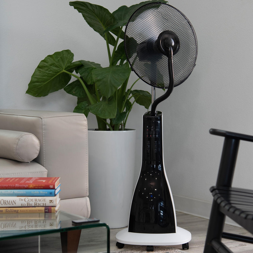 47" Misting Oscillating Pedestal Fan with Water Tank, Remote, Timer, 3 Speeds, Black White X616