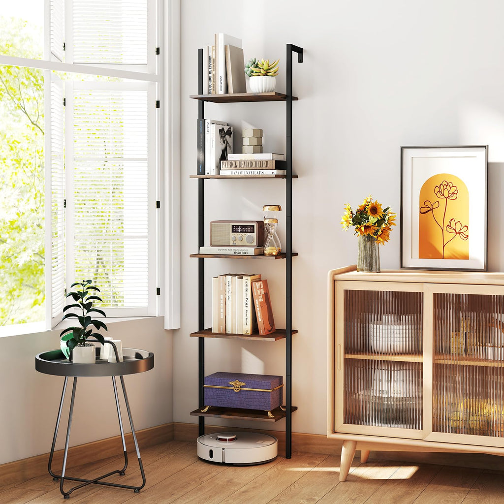 5 Tier Wall Mount Ladder Shelf with Metal Frame Y562