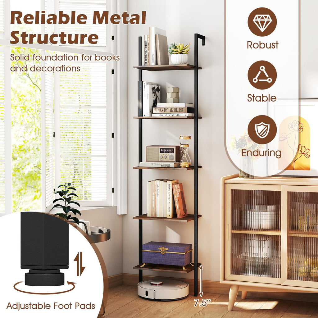 5 Tier Wall Mount Ladder Shelf with Metal Frame Y562