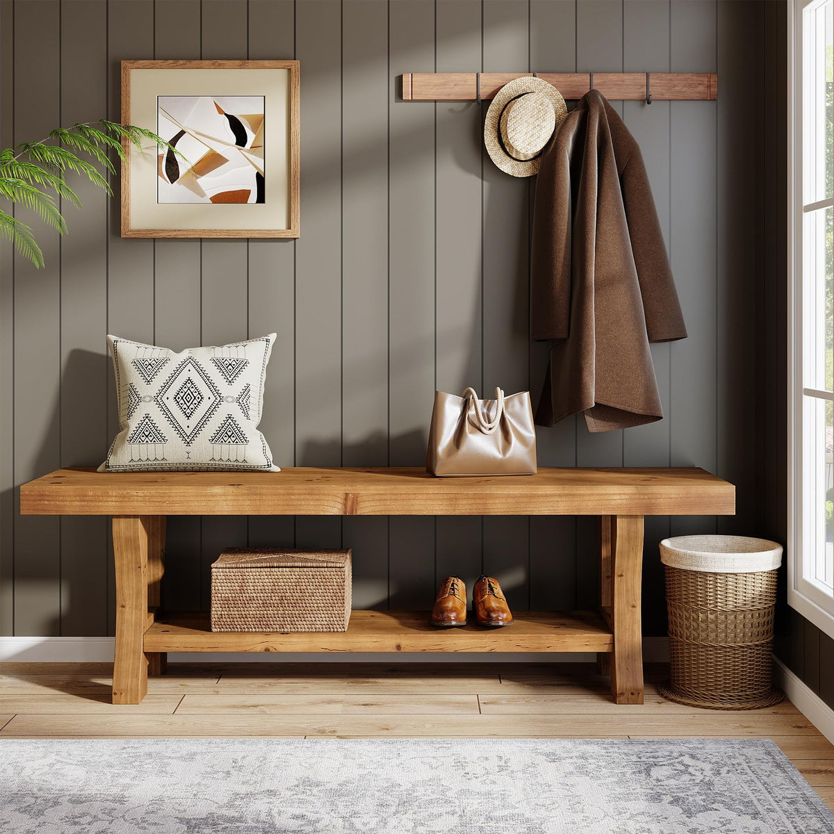 Brown Solid Wood Entryway Bench J2337