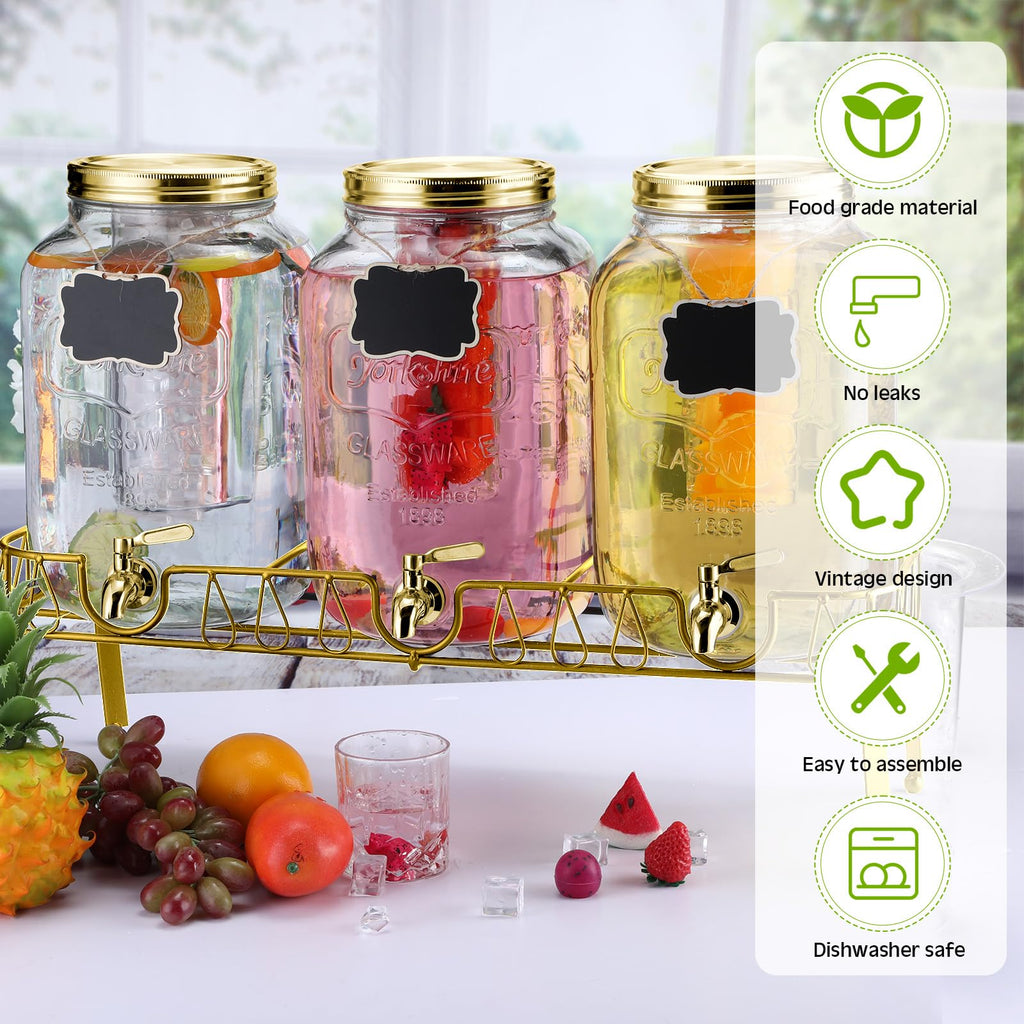 3 Pcs 2 Gallon Glass Drink Dispenser with Stand and Lid Q752