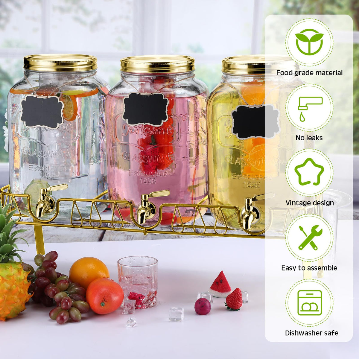 3 Pcs 2 Gallon Glass Drink Dispenser with Stand and Lid Q752