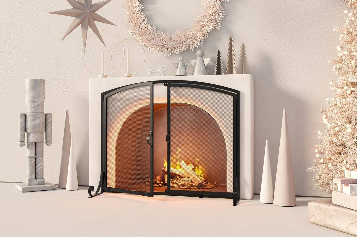 Black Steel Fireplace Screen with Doors L292
