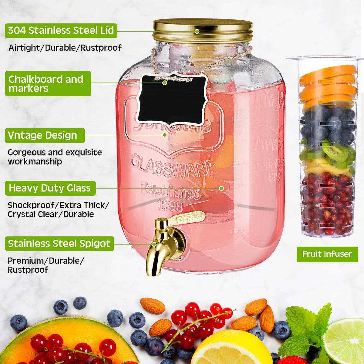 3 Pcs 2 Gallon Glass Drink Dispenser with Stand and Lid Q752