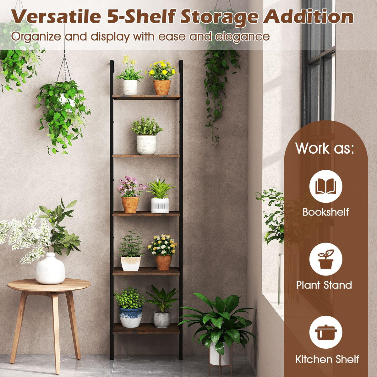 5 Tier Wall Mount Ladder Shelf with Metal Frame Y562