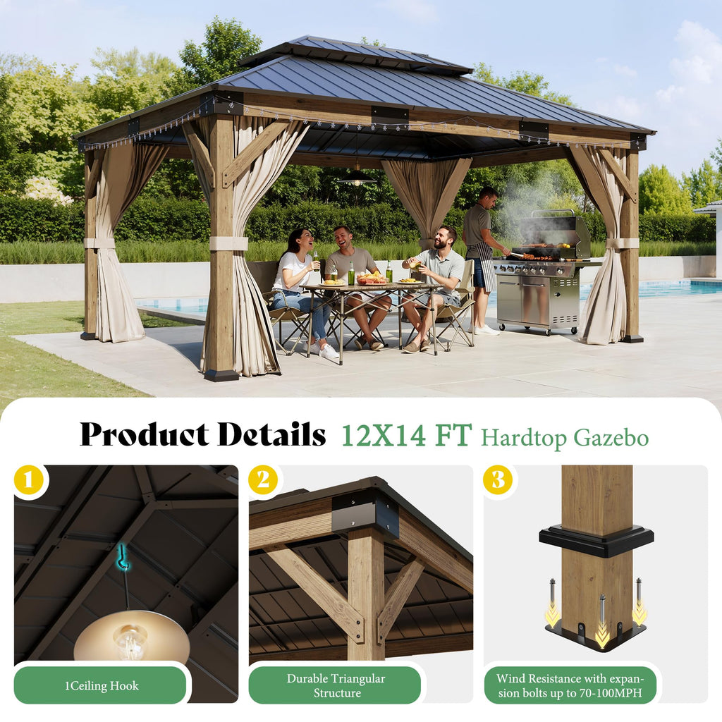 12x14FT Hardtop Gazebo with Double Roof, Privacy Curtain & Netting R7185