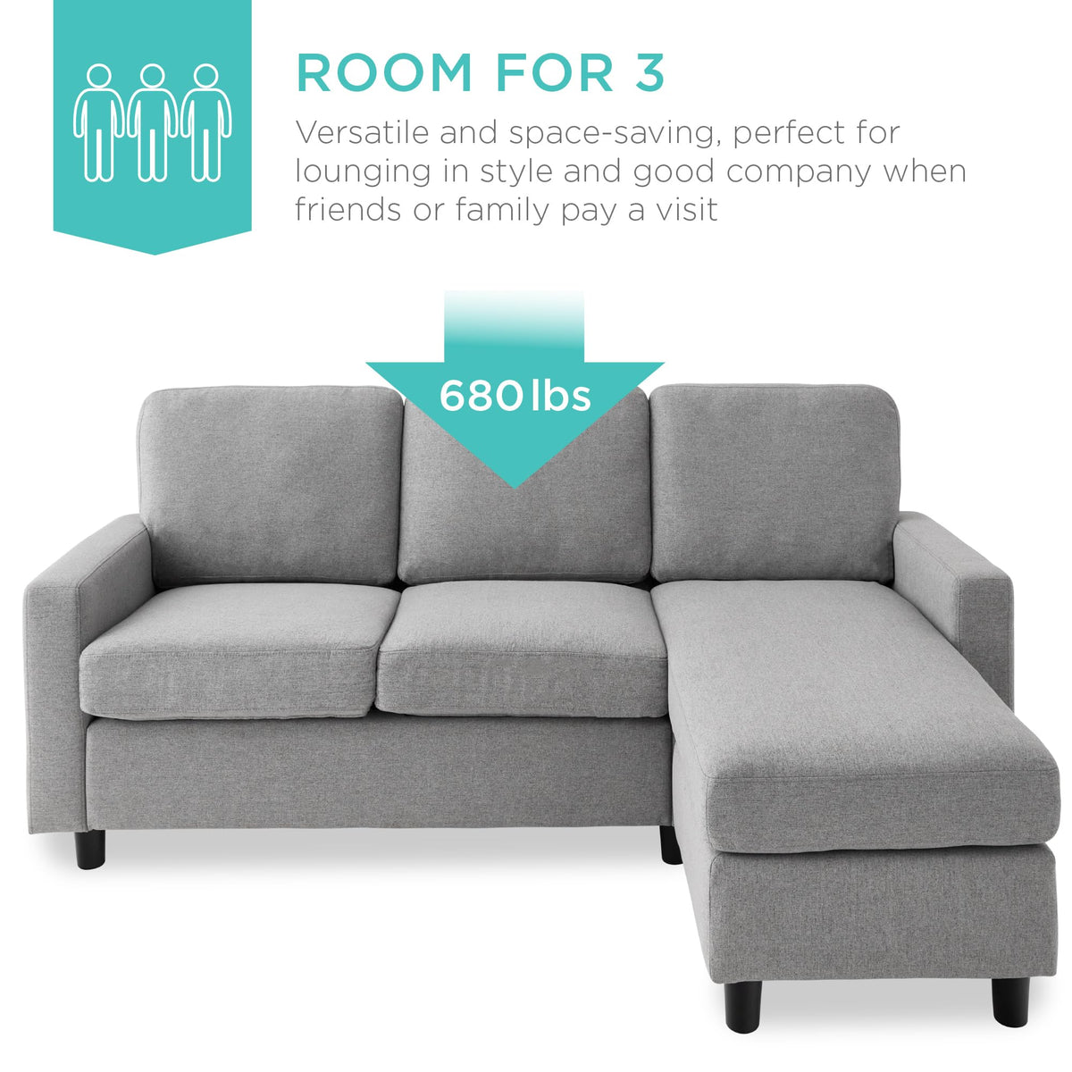 Light Gray Upholstered Sectional Sofa with Chaise D135