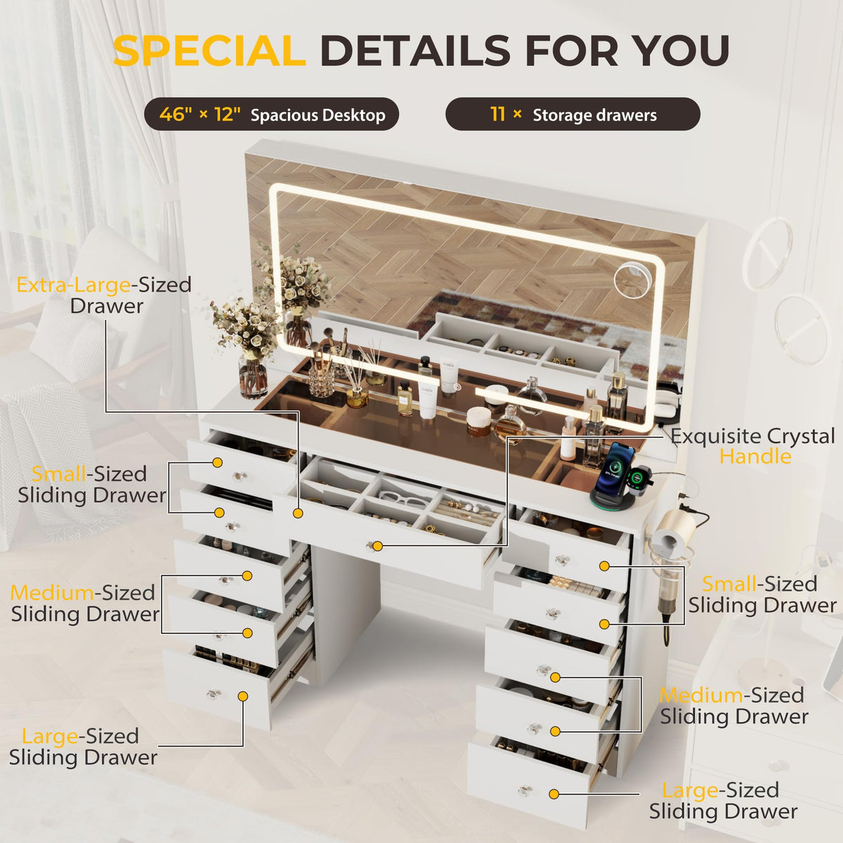 46" White Makeup Vanity Desk with Mirror and Lights N531702