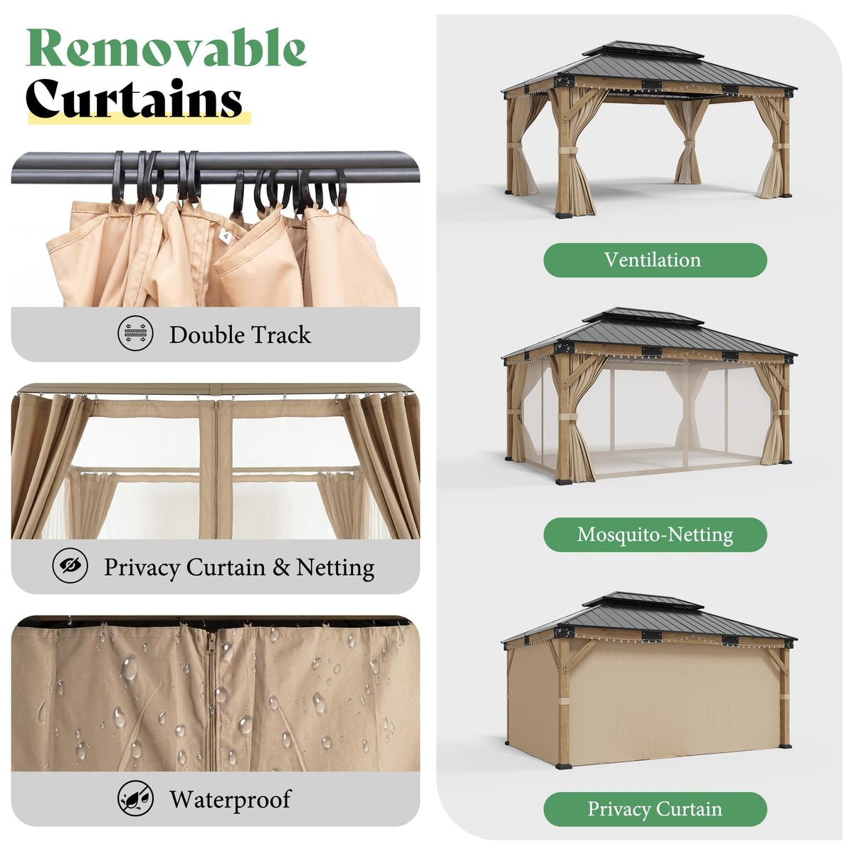 12x14FT Hardtop Gazebo with Double Roof, Privacy Curtain & Netting R7185