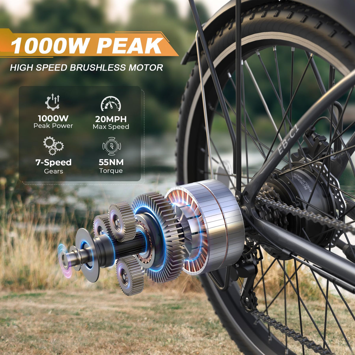 26" 1000W Electric Bike with 48V Battery, 7-Speed A282
