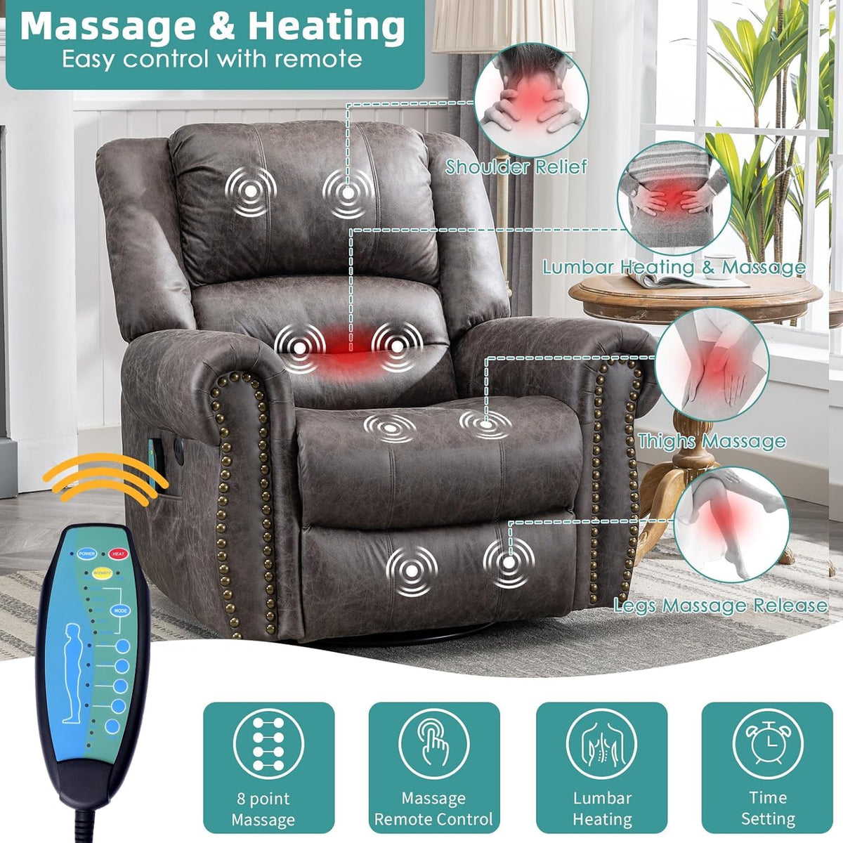 Oversized Swivel Rocker Recliner Chair with Heat and Massage Z88343