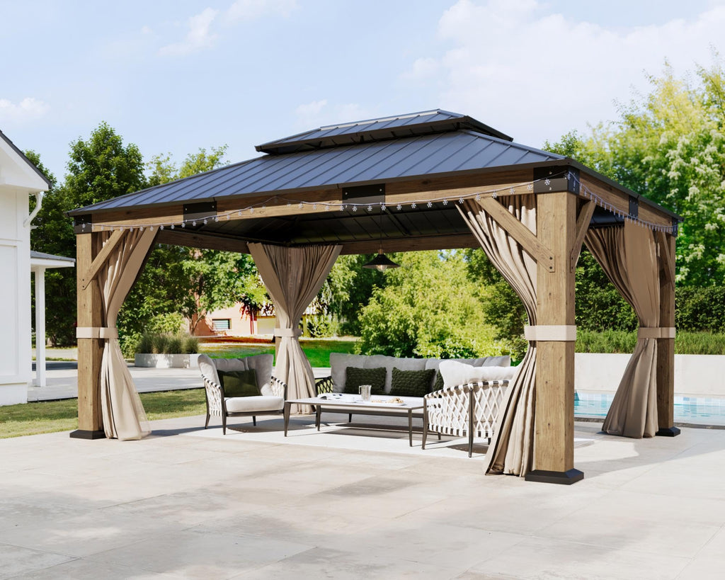 12x14FT Hardtop Gazebo with Double Roof, Privacy Curtain & Netting R7185