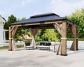 12x14FT Hardtop Gazebo with Double Roof, Privacy Curtain & Netting R7185